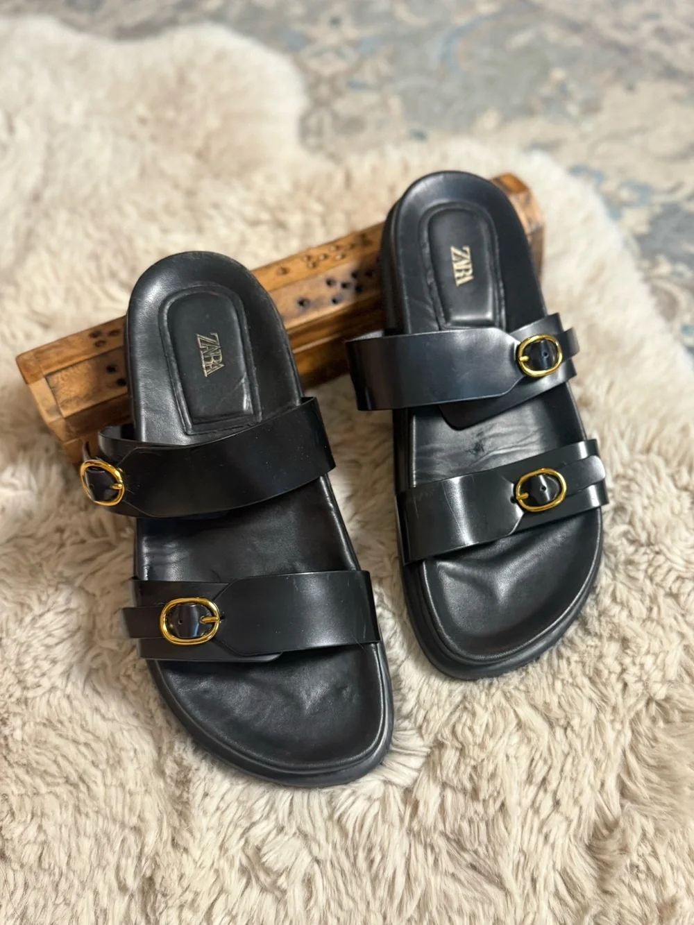 Zara Black Slide Sandals with Gold Buckles - Women's 39 - Picture 8 of 11